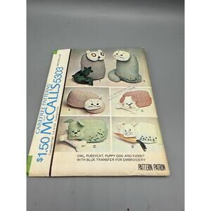 Vintage McCalls 5303 Plush Owl Cat Dog Rabbit Stuffed Animal Pattern Cut